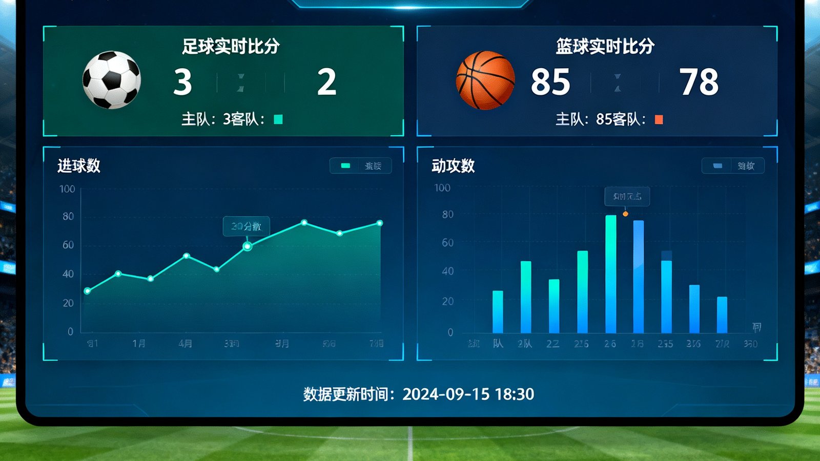 FB体育平台实时赛事数据仪表盘界面，展示足球篮球等多项目比赛实时比分与数据可视化图表
