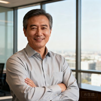 一位穿着商务衬衫的中年男性企业高管头像，背景为办公室落地窗前，他双手交叉神情自信